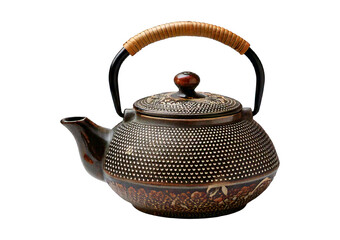 Tea pot with wooden handle isolated on transparent or white background