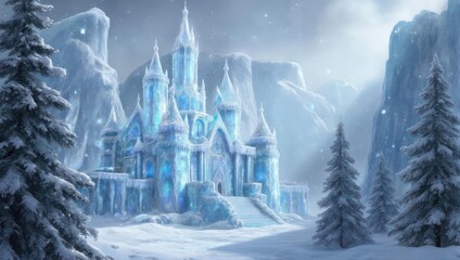 A grand, icy castle in a snowy mountain landscape, lit by a soft, ethereal glow