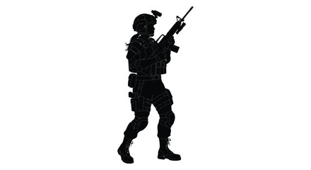 Armed soldier in combat gear holding a rifle distinct black silhouette