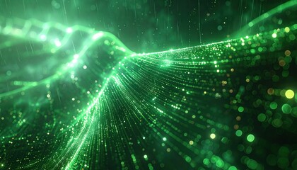 Emerald Cascade: Luminous Green Data Stream with Bokeh Effects and Particle Trails