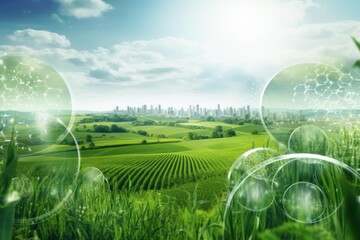 Green agricultural fields extending towards a modern city skyline with digital bubbles and tech overlays