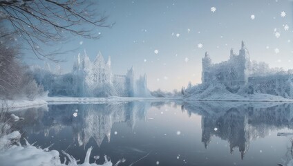 Snowy scene of frozen structures on a lake, with delicate snowflakes falling
