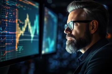 Businessman intently watching financial graphs and charts on multiple computer monitors in a dark office