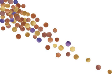 A cascade of circular confetti in metallic bronze gold and subtle purple hues drifts downwards creating a festive and luxurious feel circle round copper transparent background