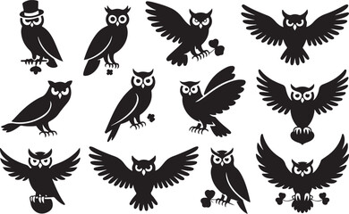 Diverse Collection of Black Silhouette Owls in Various Poses and Styles Keywords: owl, bird, silhouette, animal, wildlife, nocturnal, wisdom, hoot, flight, wings, perched, sitting, flying