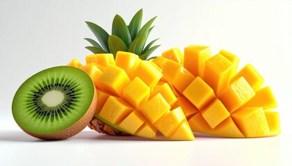 Fresh Tropical Fruits - Kiwi, Pineapple, and Mango Slices.