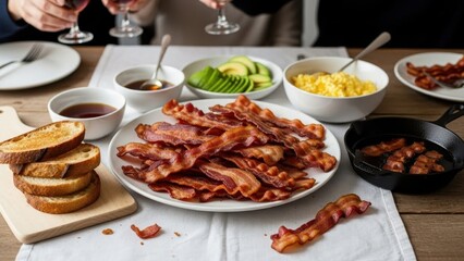 A delightful and rich morning breakfast spread featuring crispy bacon, scrambled eggs, and avocado