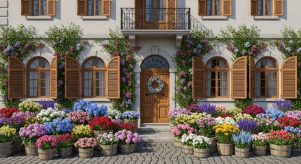 Fototapeta premium Blooming Facade: Capturing the timeless beauty of a charming residence adorned with a vibrant array of blooming flowers, shutters, and a welcoming entrance. 