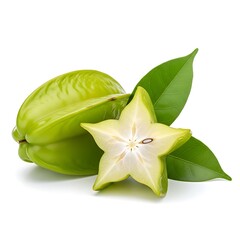 Starfruit with Green Leaves Isolated on White Background