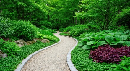 Winding Pathway: A serene pathway weaves through a lush garden, inviting exploration and offering a moment of tranquility amidst vibrant greenery and carefully arranged foliage.
