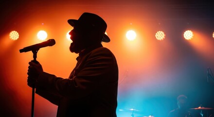 Musical Silhouette: A captivating silhouette of a singer passionately performing on stage, bathed in dynamic stage lights, creating a mood of energy and artistry.
