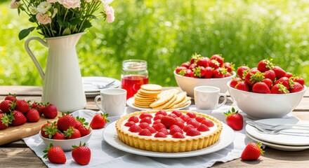 Strawberry Feast: A delightful arrangement of ripe strawberries takes center stage on a summery table setting, complemented by a tantalizing strawberry tart.