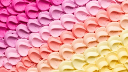 Color Palette of Pastry: A captivating display of layered pastel frosting, showcasing a spectrum of gentle colors from a rainbow's range, creating a visual symphony of sweetness. 