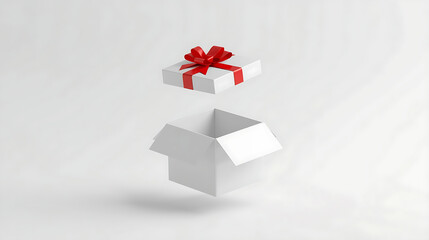 A minimalist 3D illustration features a white gift box opening mid-air, with a glossy red ribbon and bow floating above. The bottom of the box unfolds into clean geometric flaps.