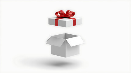 A minimalist 3D illustration features a white gift box opening mid-air, with a glossy red ribbon and bow floating above. The bottom of the box unfolds into clean geometric flaps.