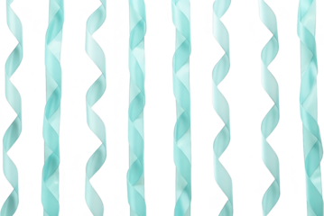 Soft teal satin ribbons curl and twist in vertical strands creating a decorative and elegant visual element turquoise light blue cyan ribbon strands festive transparent background