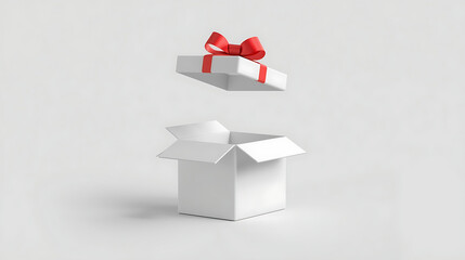 A minimalist 3D illustration features a white gift box opening mid-air, with a glossy red ribbon and bow floating above. The bottom of the box unfolds into clean geometric flaps.