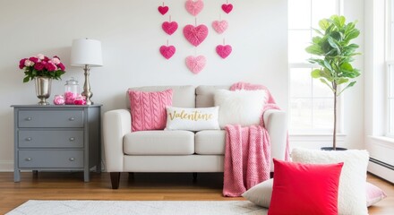 Cozy Living Room for Valentines Day: A living room elegantly adorned for Valentine's Day, showcasing the charm of romantic decor and design. The scene is a sanctuary of love, joy.