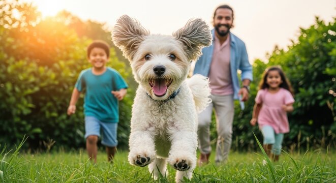 Joyful Run in the Park: A family enjoys a sunny day at the park, with a happy dog leading the way, capturing the essence of togetherness and boundless joy. 