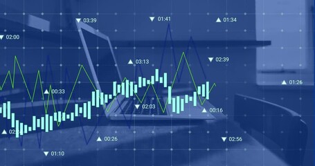 Animation of statistical data processing over grid network against laptop on office desk - Powered by Adobe
