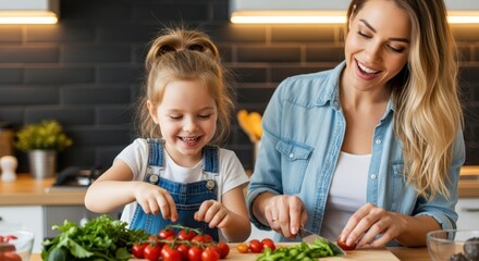 Joyful Cooking: A moment of culinary delight unfolds as a mother and daughter collaborate in the kitchen. With smiles and shared enthusiasm.
