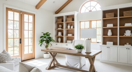 Serene Home Office: An inviting home office space, bathed in natural light, showcasing a blend of rustic wood and clean, modern lines. Featuring a spacious desk, ample storage.