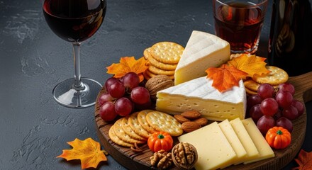 A Feast for the Senses: A captivating array of artisanal cheeses, juicy grapes, crispy crackers, and nuts alongside a glass of red wine, all arranged on a rustic wooden board, a perfect indulgence.