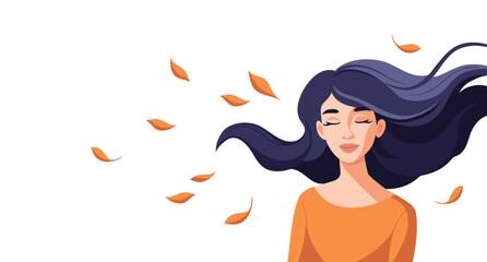 Beautiful woman with flowing hair on wind and autumn leaves.