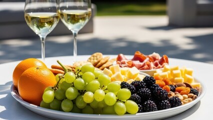 Festive Food and Drink Spread: An inviting plate of assorted fresh fruits, savory meats, cheeses, and crackers paired with a refreshing glass of white wine.