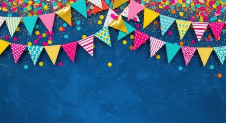 Fototapeta premium Festive Bunting and Confetti: A cheerful arrangement of colorful bunting and confetti cascades against a backdrop, ideal for evoking a sense of joy and celebration. 