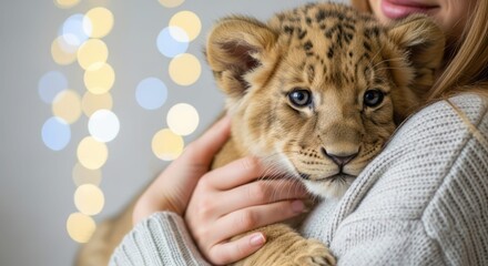 Cuddling cub: tender moment shows a cub nestled gently in the comforting embrace of a person. the cub's innocent eyes and soft fur contrast the person's affectionate touch and serene expression.