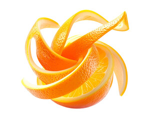 Orange cut in half with peel spiraling around it against black