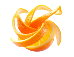 Orange cut in half with peel spiraling around it against black