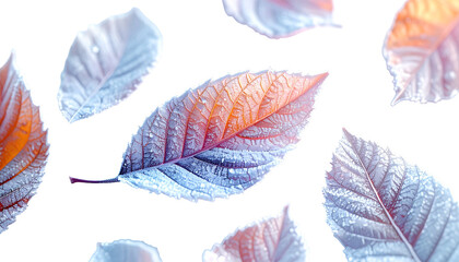 Floating leaves in shades of orange and blue against a stark black background