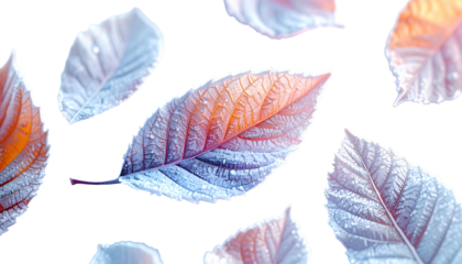 Floating leaves in shades of orange and blue against a stark black background