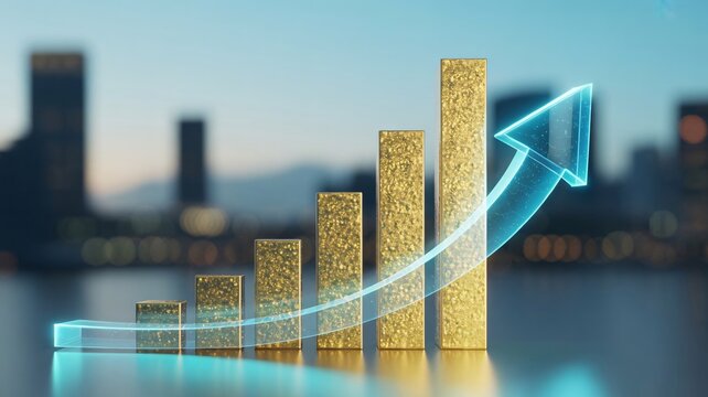 Gold bar chart with blue arrow rising over city skyline at dusk representing business growth and financial success with economy and statistics and infographic and progress - Powered by Adobe