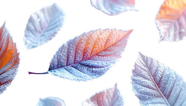 Floating leaves in shades of orange and blue against a stark black background - Powered by Adobe