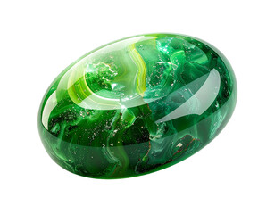 Polished, egg-shaped emerald gemstone with swirls and streaks