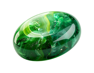Polished, egg-shaped emerald gemstone with swirls and streaks