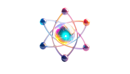 Vivid, stylized rendering of an atom, radiating light