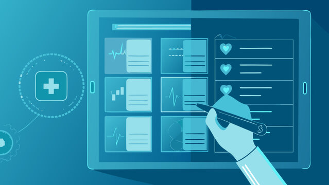Flat illustration of a clinical decision support system on a digital tablet with a hand