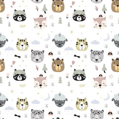 Seamless pattern with faces different animals. Doodle texture with cute domestic and wild animals in scandinavian style. Wallpaper, ornament isolated on white background.