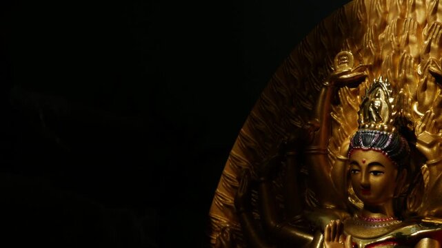 Golden Thousand-Armed Guanyin Bodhisattva Statue in Buddhist Temple