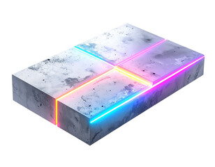 Concrete block with neon lighting accents, geometric division