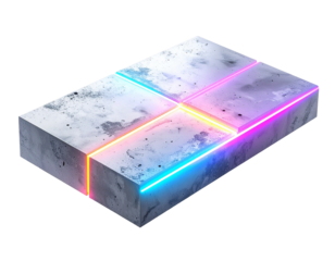 Concrete block with neon lighting accents, geometric division