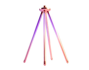 Stylized, metallic tripod against a black backdrop, with pink and orange light