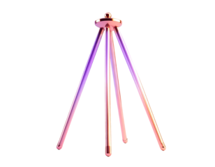 Stylized, metallic tripod against a black backdrop, with pink and orange light