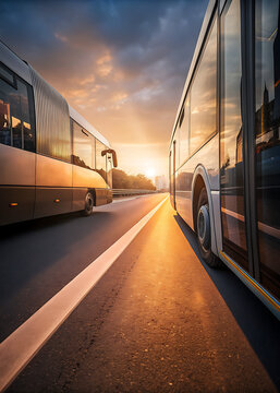 City Buses Driving On Road At Sunset With Motion Blur
