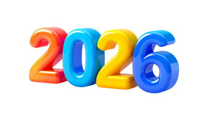 Colorful 3D numerical design spelling out the year 2026 on a black backdrop