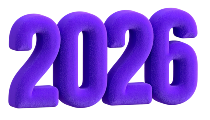 3D rendered year "2026" in purple, fluffy, and textured font